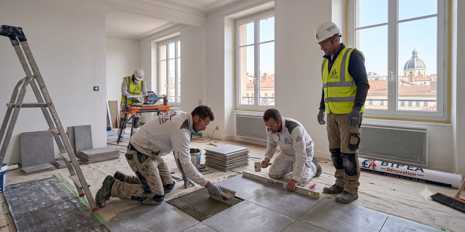 Équipe BTP EA Rénovation posant un carrelage grand format dans un appartement lyonnais.