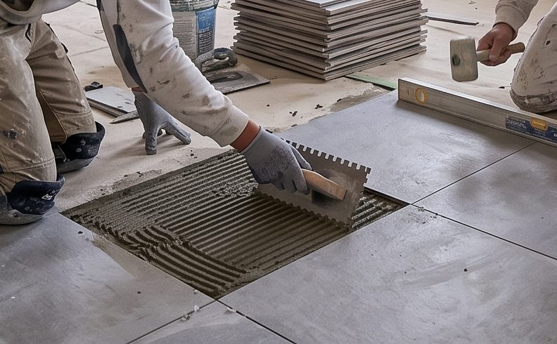 Détail d'une pose de carrelage : peigne à colle et mortier fraîchement tiré sur un sol.